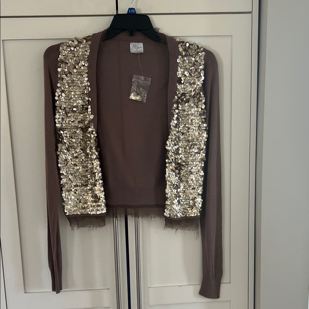 John + Jenn Brown Cardigan with Gold Sequin Trim